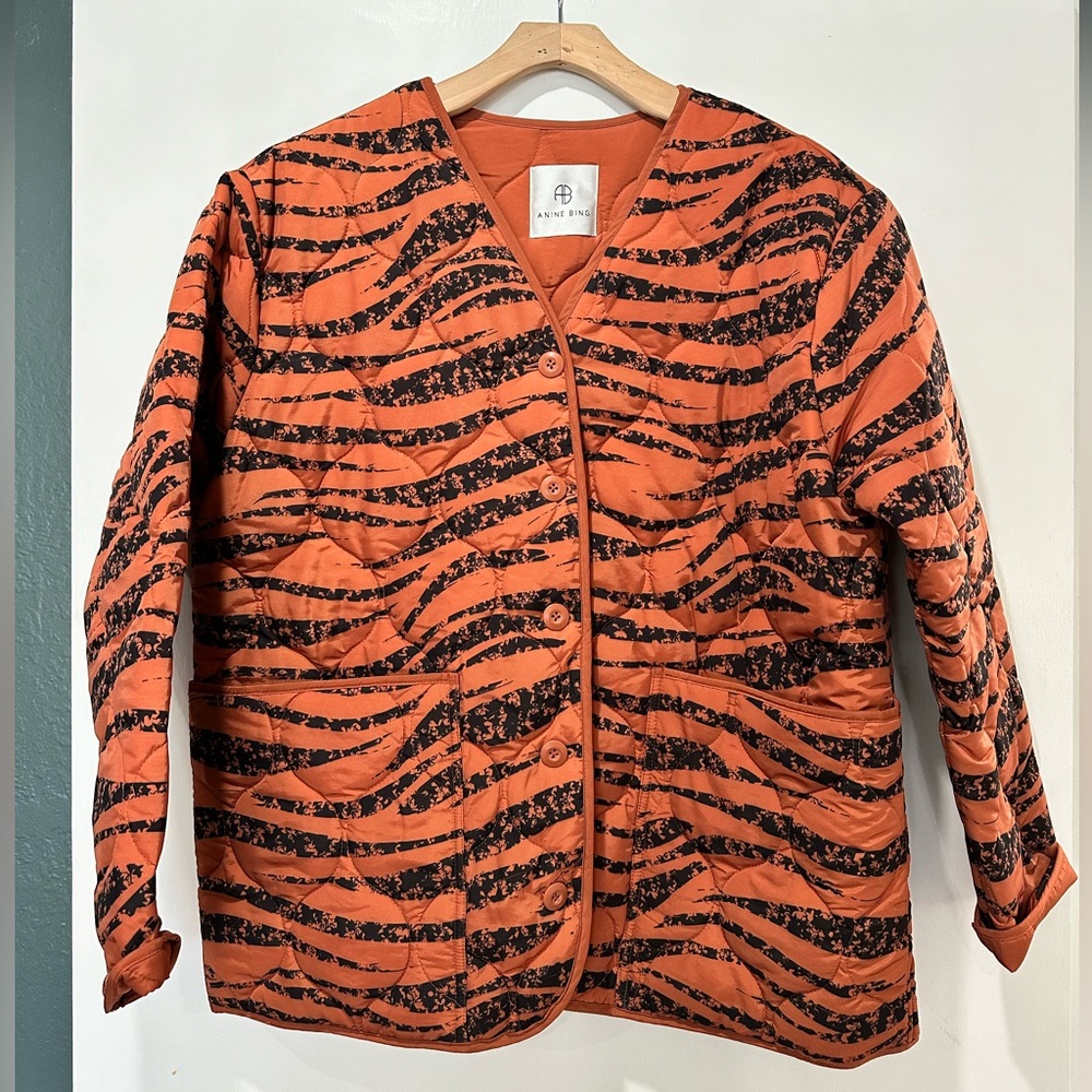 Anine Bing Quilted Tiger Print Jacket in Rust - Picture 3 of 12